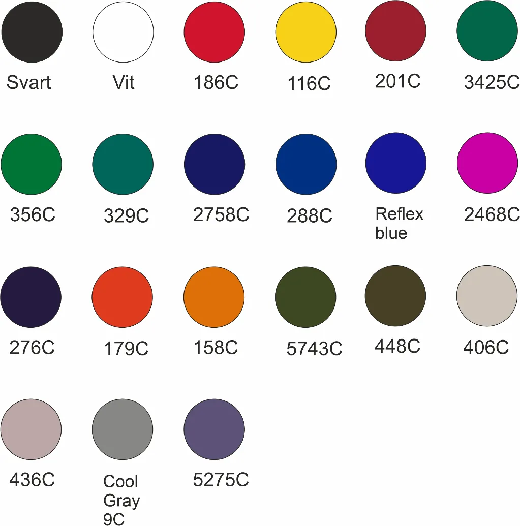 21 olika standardfärger med PMS-koder för bottenmaterial till MC-patches.