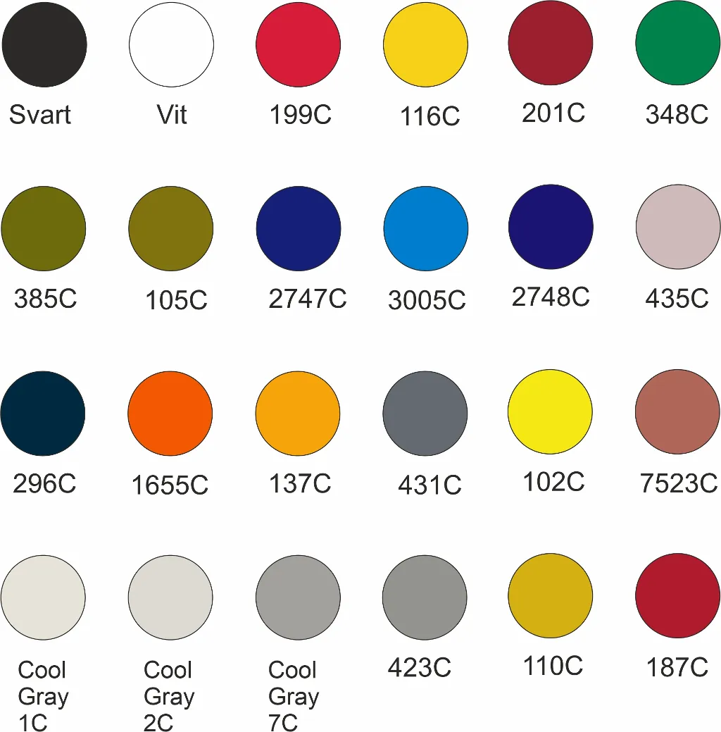 24 standardfärger för brodyrtråd med PMS-koder som används för broderade MC-märken.