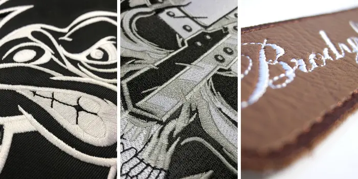 Tre mc-patches med olika bottenmaterial såsom twill tyg, helbroderad och läder.