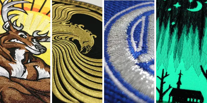 Fyra patches med olika trådtyper såsom polyester, metallic och fluorescerande brodyrtråd.