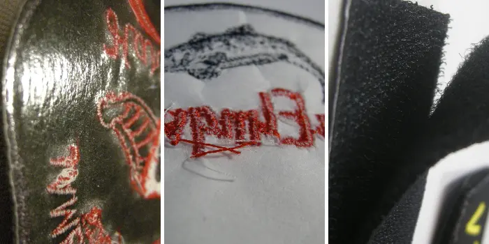 Tre mc-märken med olika baksida såsom värmeaktiverat lim, papper och kardborre som används för att fästa patches.