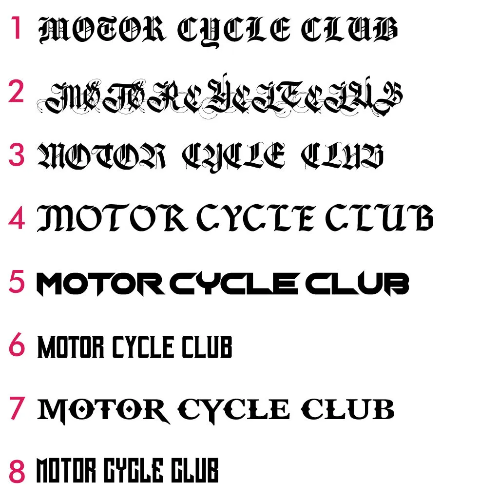 Åtta eleganta typsnitt i 'Gothic' stil som passar perfekt till club-logo, rockers och andra MC-patches.