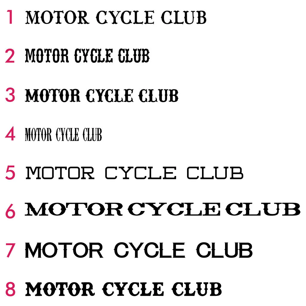 Åtta hårda typsnitt i 'Western' stil som passar utmärkt både till rockers och rank, titel och andra MC-patches,