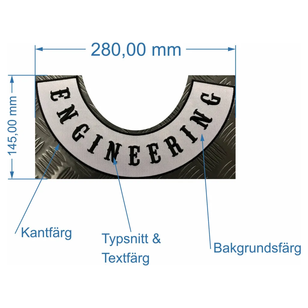 Förklaring av information om mått, färger och typsnitt för rockers till mc-märken.