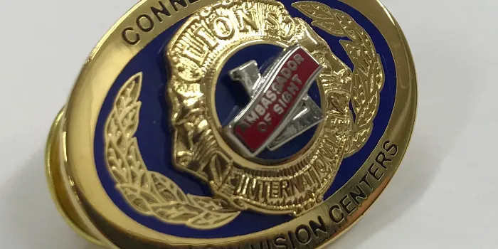 Närbild på en pin med relief delvis ifylld med emaljfärger samt blottad metall.