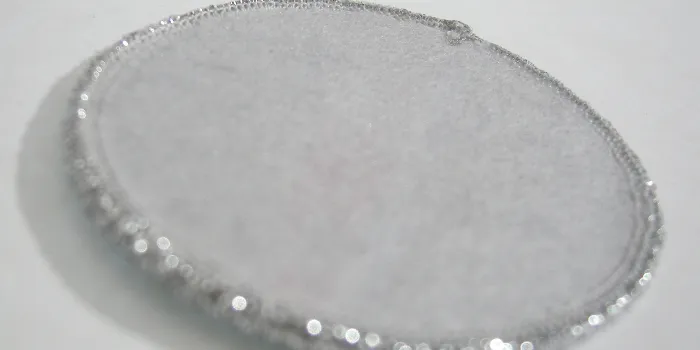 Vävd tygpatch med baksidan förstärkt av vit non-woven vlieseline och kant i glittrande silvertråd.